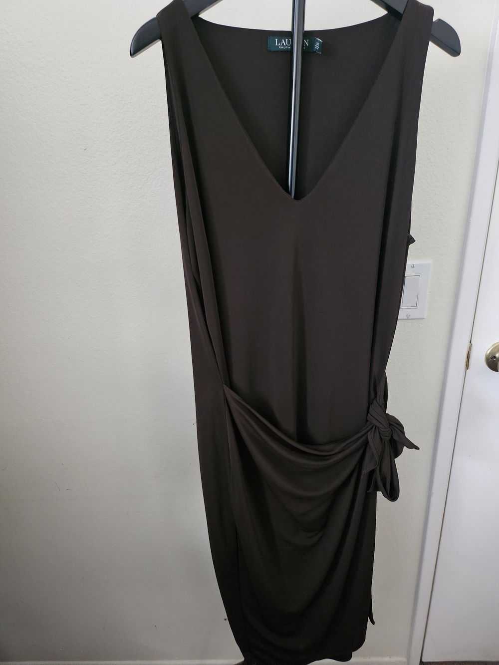 LAUREN Ralph Lauren Dark Brown V-Neck Draped Side Tie Dress